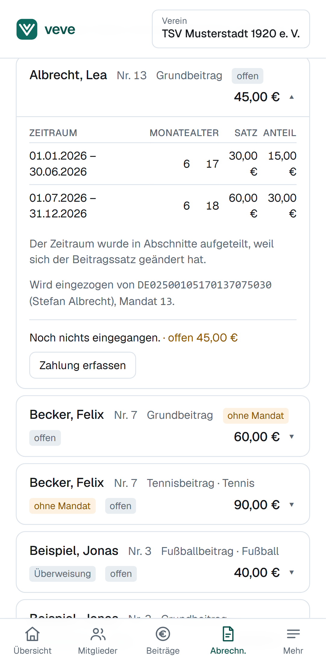 Abrechnungslauf in veve mit aufgeklappter Beitragsberechnung