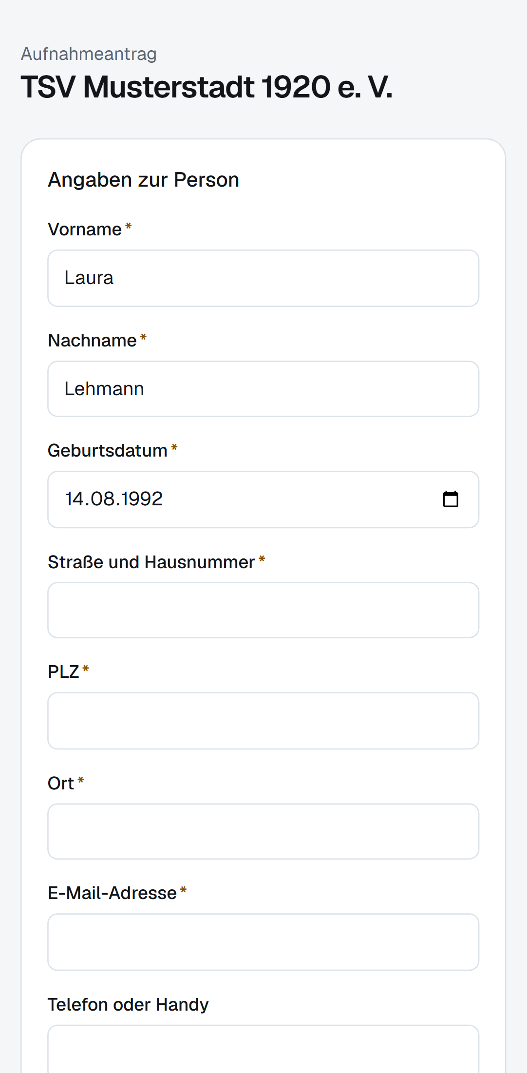 Online-Aufnahmeformular eines Vereins, erstellt mit veve