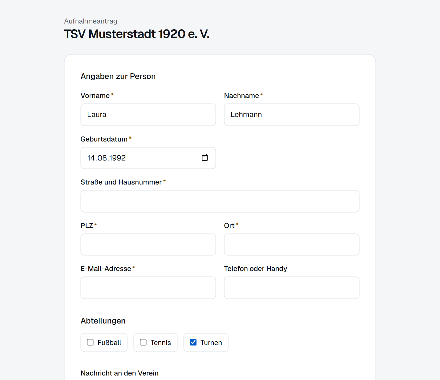 Online-Aufnahmeformular eines Vereins, erstellt mit veve