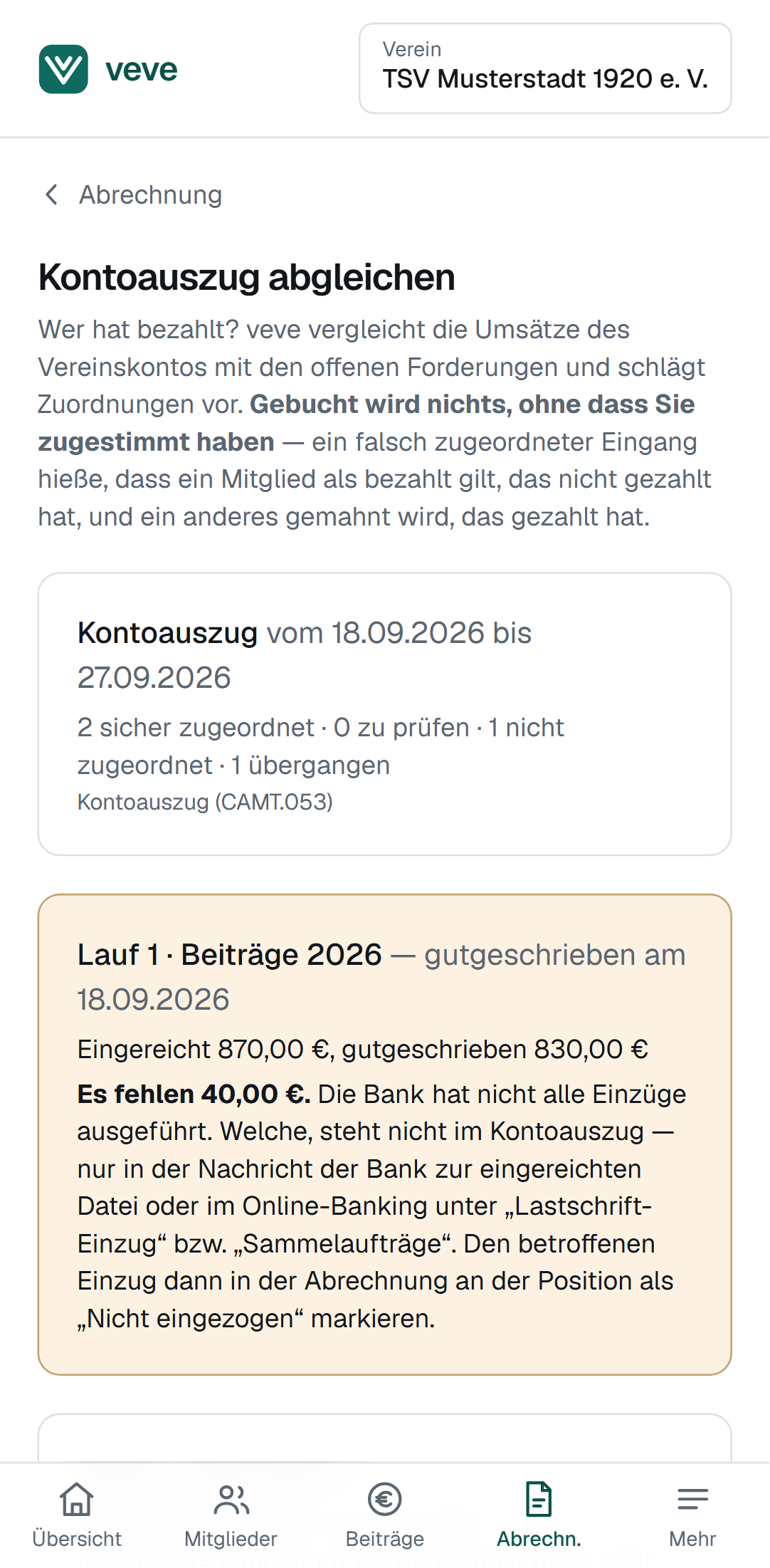 Kontoauszug-Abgleich in veve mit zugeordneten Zahlungen und Rücklastschrift