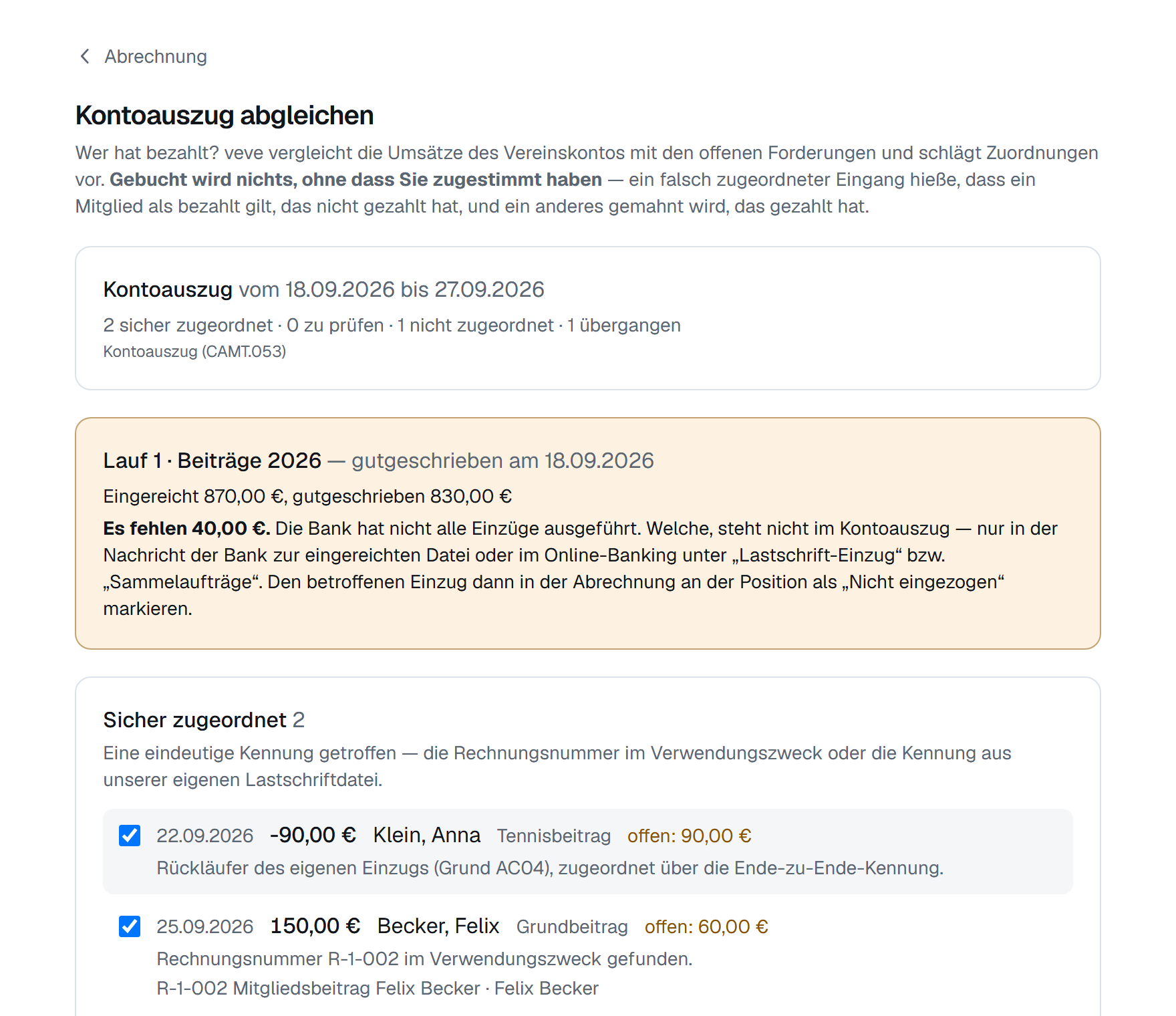 Kontoauszug-Abgleich in veve mit zugeordneten Zahlungen und Rücklastschrift