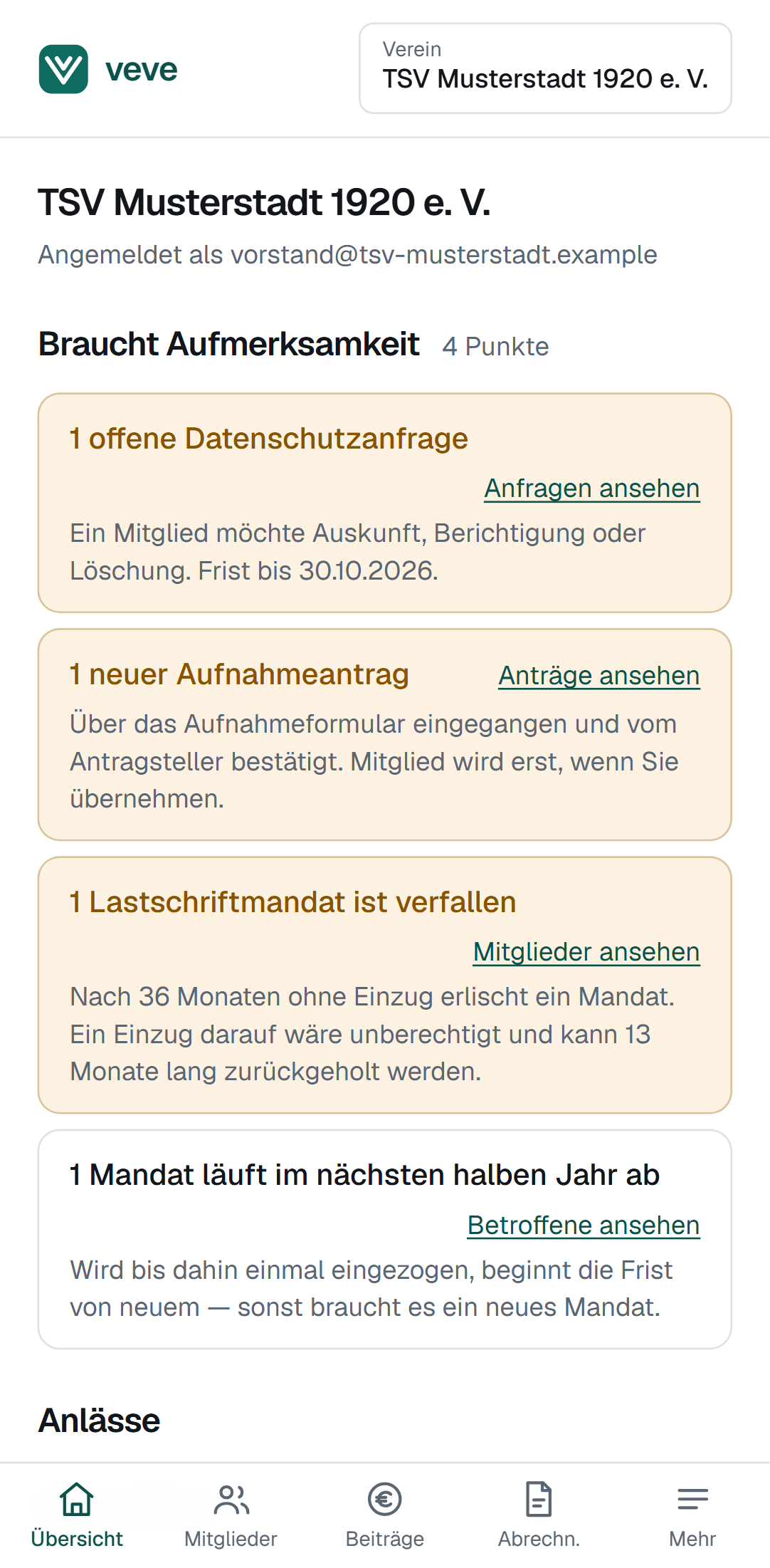 Übersicht in veve: Aufgaben des Vereins, Geburtstage und Jubiläen